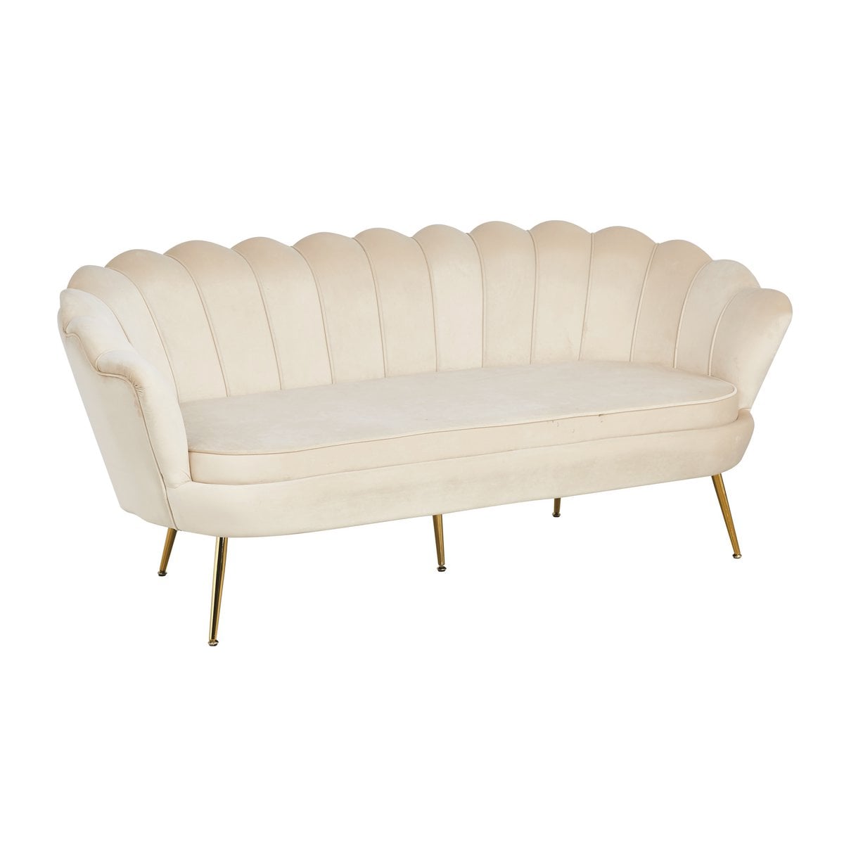 3-Sitzer-Muschelsofa in beigefarbener Samtoptik mit goldfarbenem Metallgestell | VIA X SELECTION