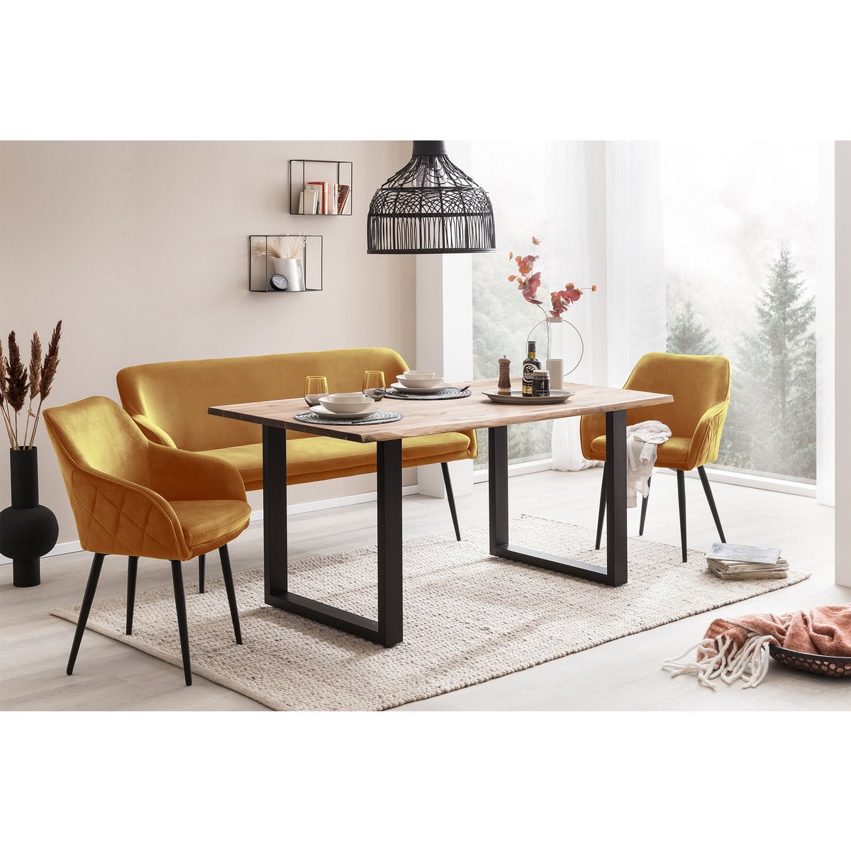 Sitzbank aus Samt senfgelb 160 cm mit Rautensteppung | VIA X SELECTION