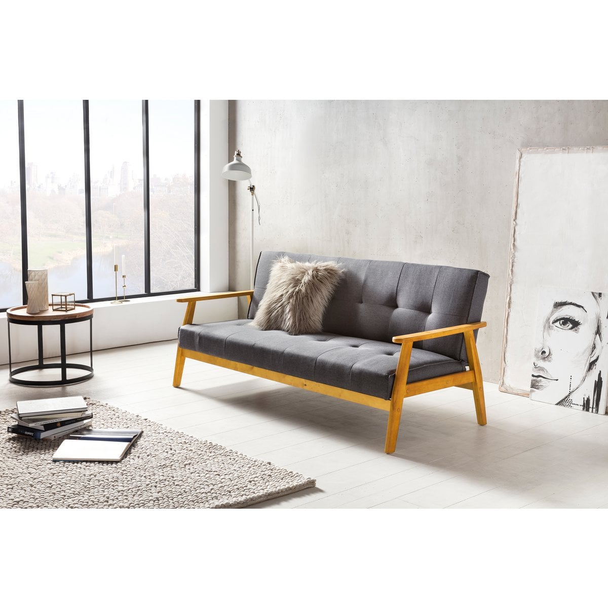 Schlafsofa in dunkelgrauem Webstoff mit Holzgestell | VIA X SELECTION
