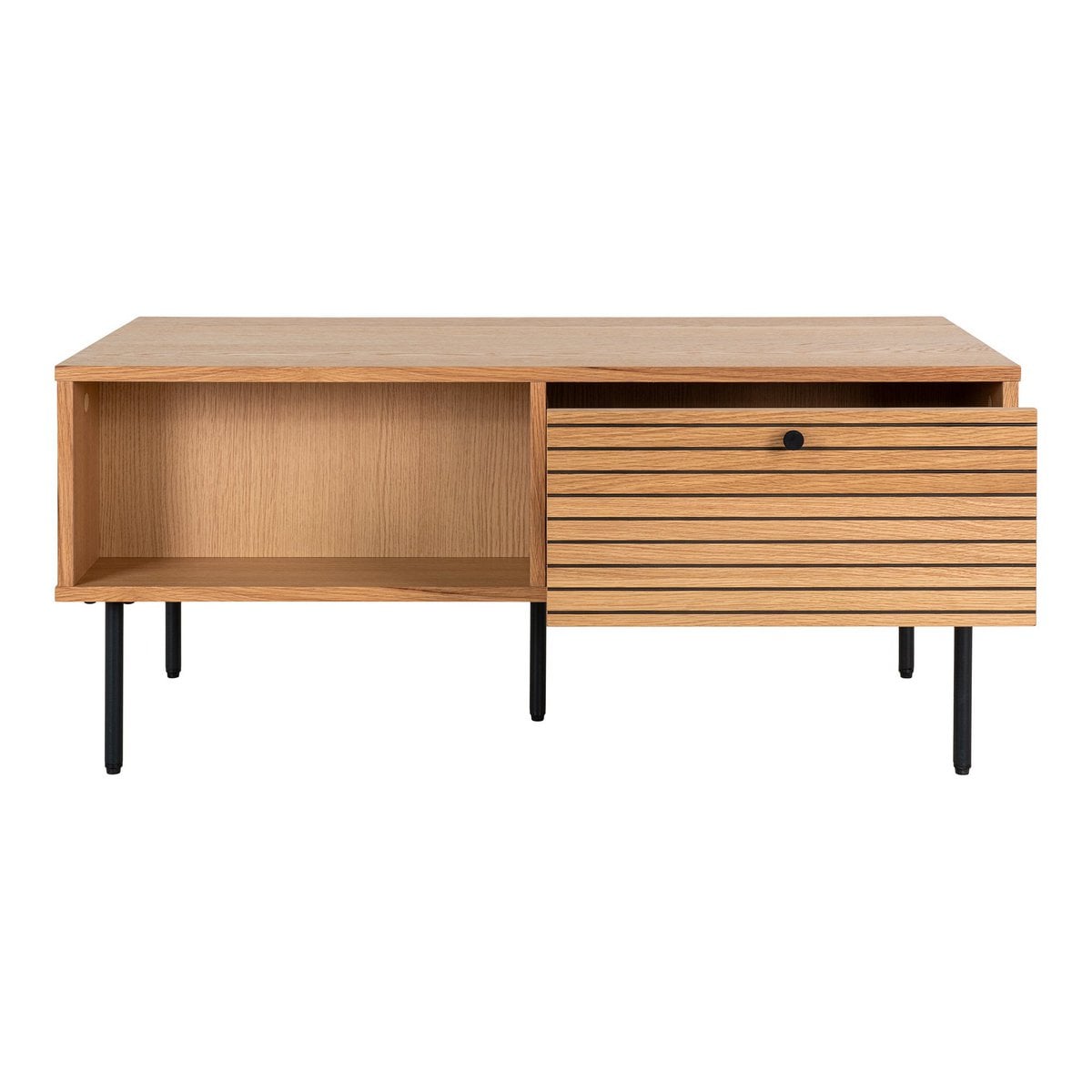 Couchtisch aus Eichenfurnier mit schwarzem Stahlgestell und zwei Schubladen, 100 × 50 × 45 cm | VIA X SELECTION