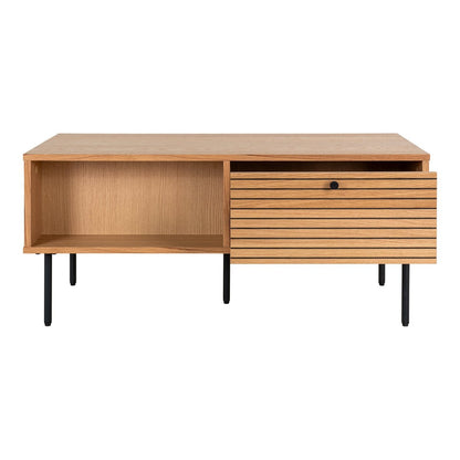 Couchtisch aus Eichenfurnier mit schwarzem Stahlgestell und zwei Schubladen, 100 × 50 × 45 cm | VIA X SELECTION