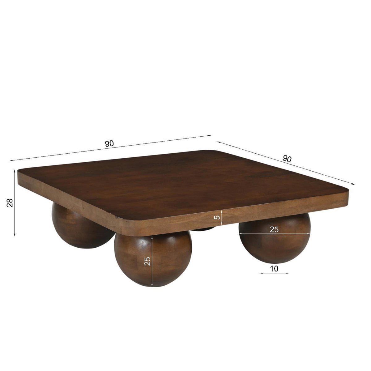 Couchtisch aus Mangoholz mit Kugelfüßen, 90 × 90 × 28 cm | VIA X SELECTION
