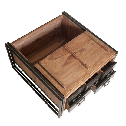 Couchtisch-Truhe aus Holz und Metall mit fünf Schubladen, 90 × 90 × 47 cm | VIA X SELECTION