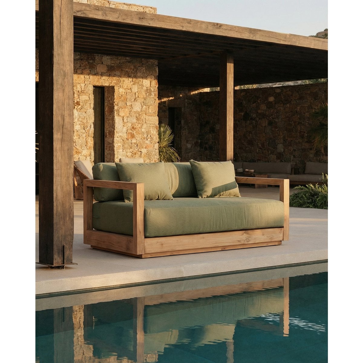 Outdoor-2-Sitzer aus recyceltem Teakholz mit Quick-Dry-Polstern in Algengrün | VIA X SELECTION