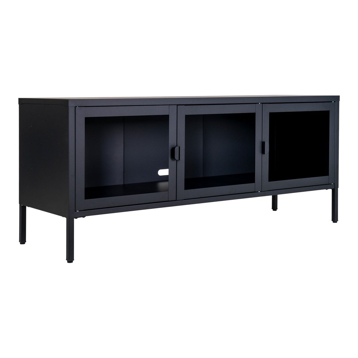 TV-Lowboard aus schwarzem Stahl mit 3 Glastüren, 130 × 40 × 55 cm | VIA X SELECTION