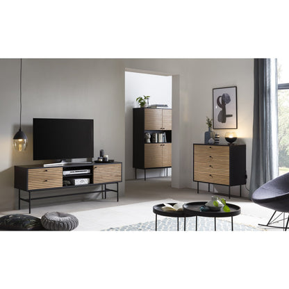 Highboard schwarz mit Eichenfront, 40 × 100 × 155 cm | VIA X SELECTION