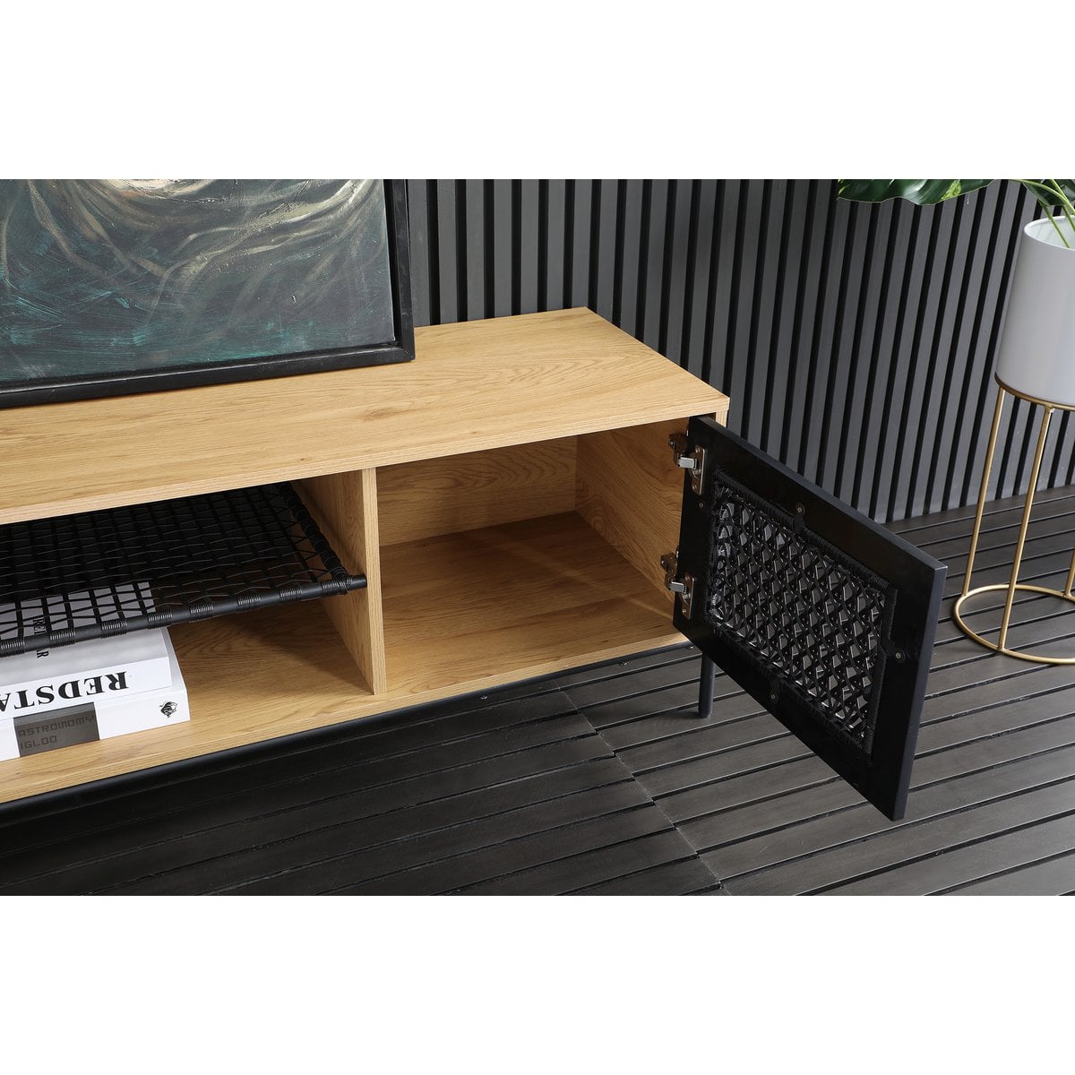 Lowboard natur/schwarz mit Polyrattanfront, 40 × 161 × 47 cm | VIA X SELECTION