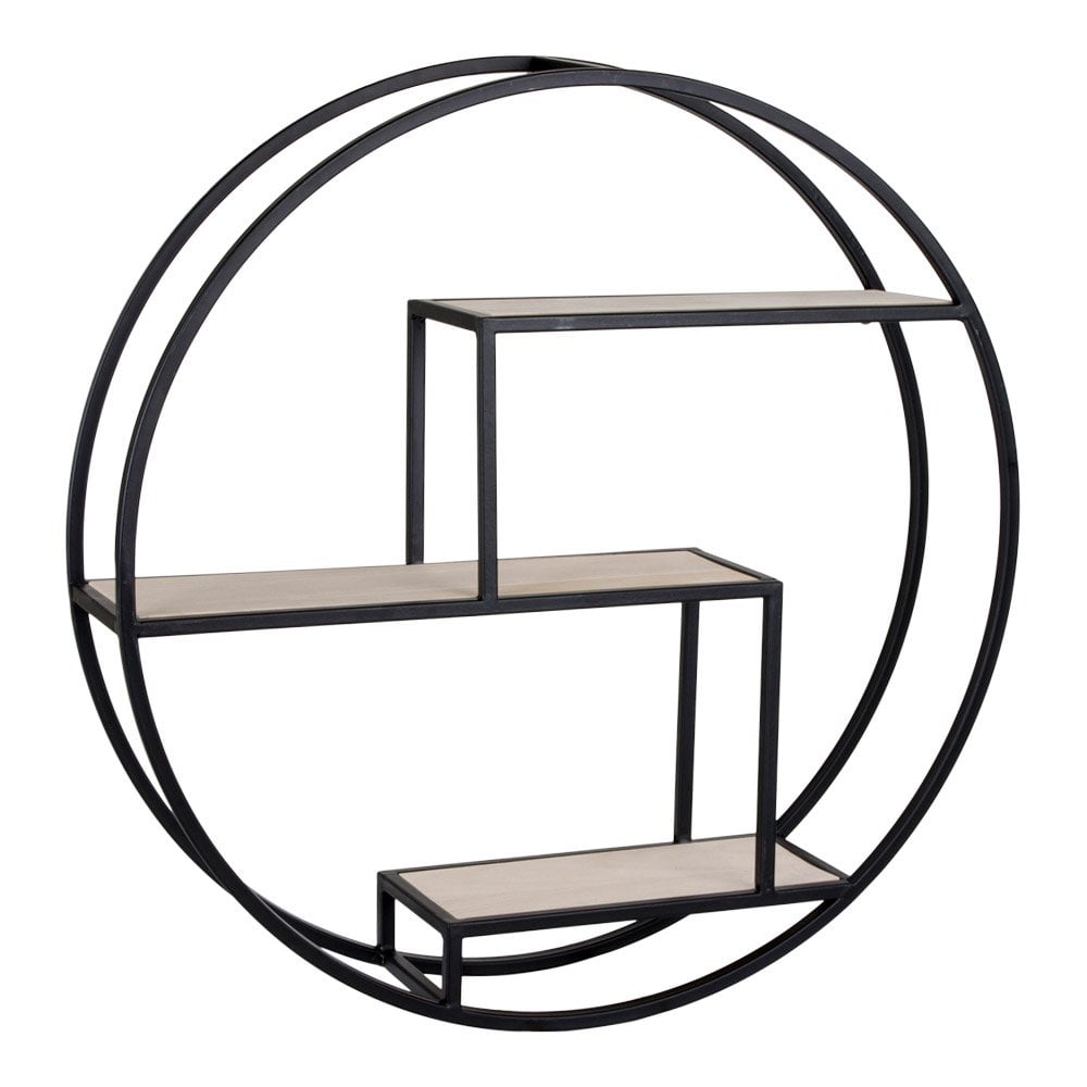 Rundes Regal aus schwarzem Stahl und Paulownienholz, 62 × 62 × 14 cm | VIA X SELECTION