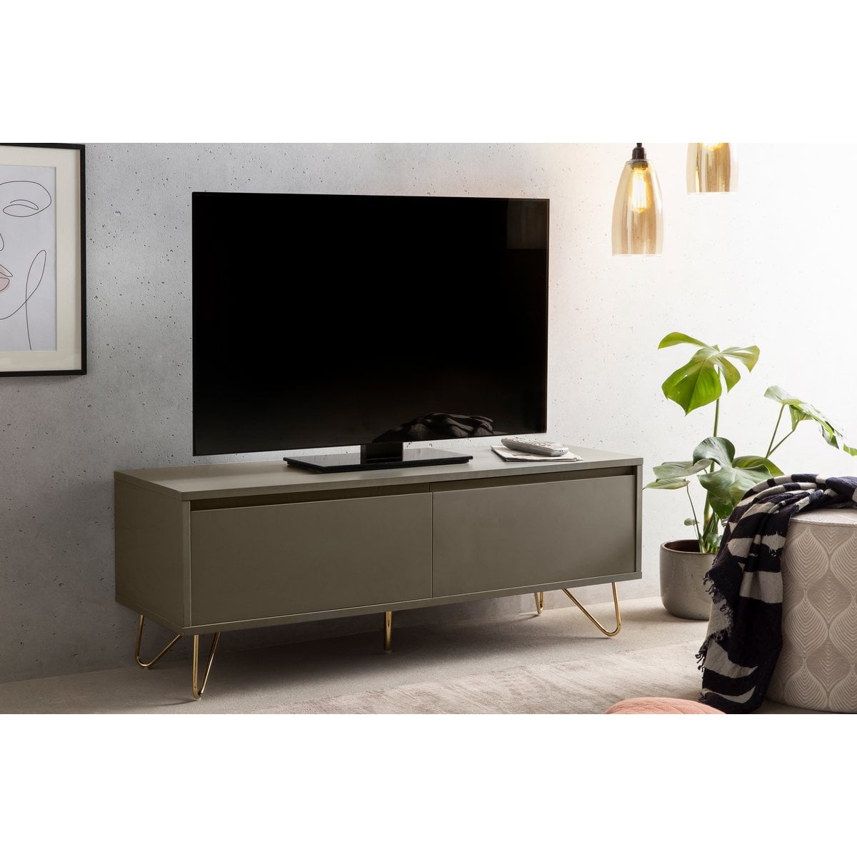 TV-Lowboard in Grau mit goldfarbenen Metallbeinen, 120 × 40 × 45 cm | VIA X SELECTION
