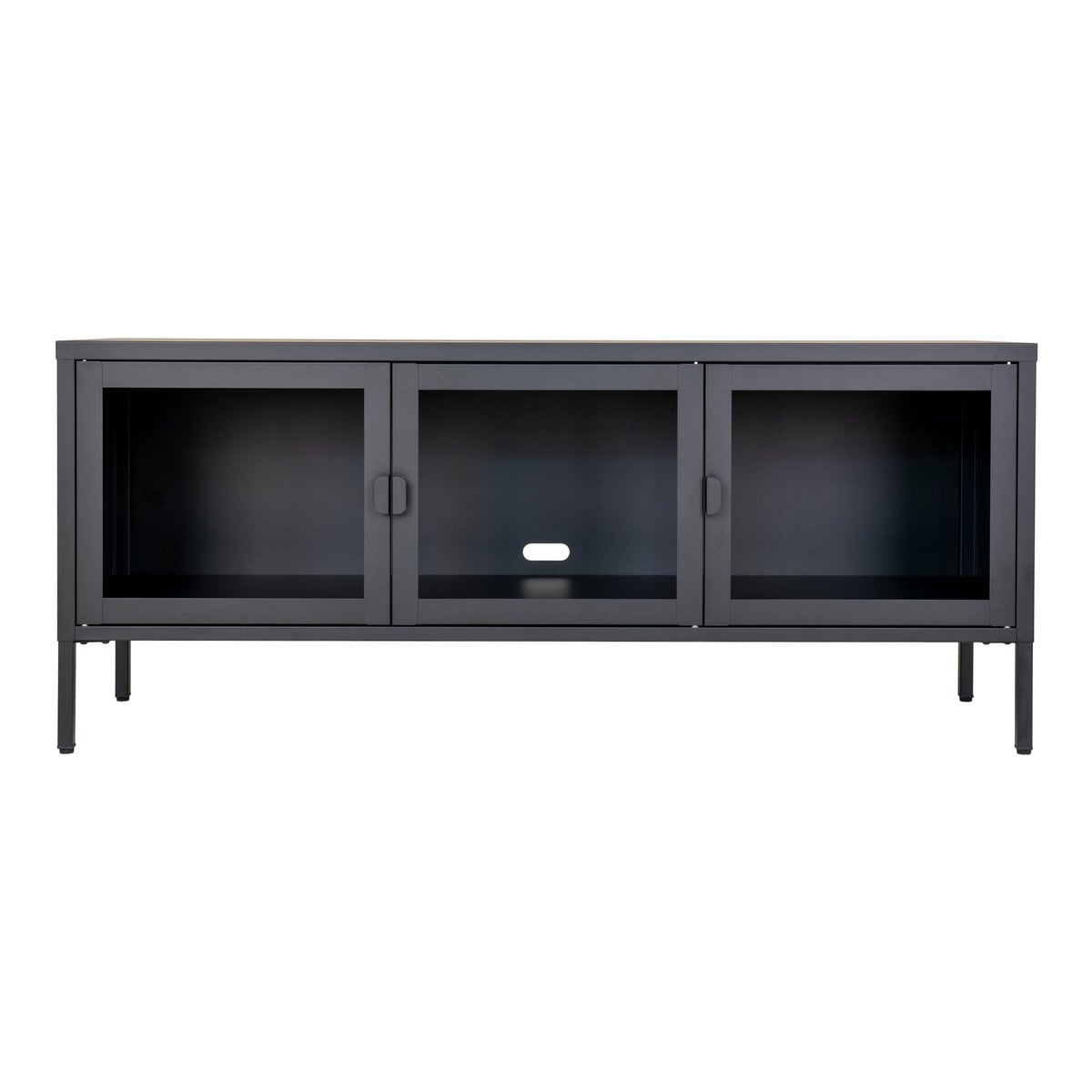 TV-Lowboard aus schwarzem Stahl mit 3 Glastüren, 130 × 40 × 55 cm | VIA X SELECTION