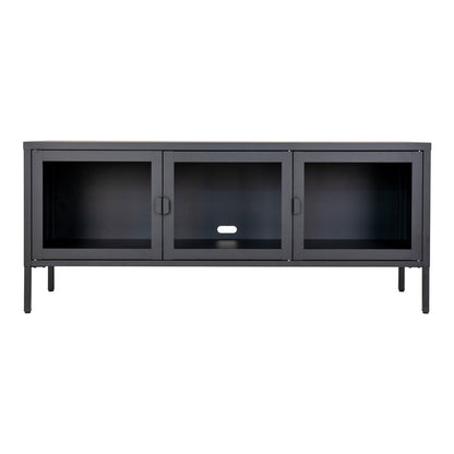 TV-Lowboard aus schwarzem Stahl mit 3 Glastüren, 130 × 40 × 55 cm | VIA X SELECTION
