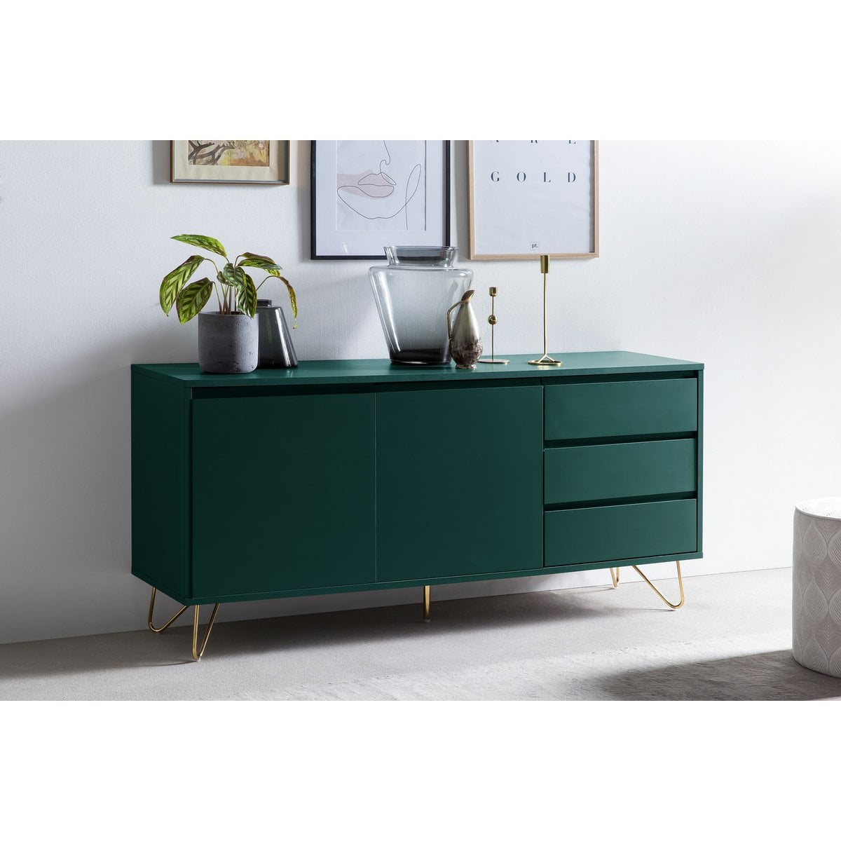 Sideboard grün mit 2 Türen und 3 Schubladen, 40 × 150 × 70 cm | VIA X SELECTION