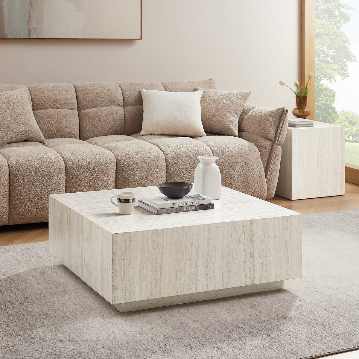 Quadratischer Couchtisch in Travertinoptik, 90 × 90 × 35 cm | VIA X SELECTION