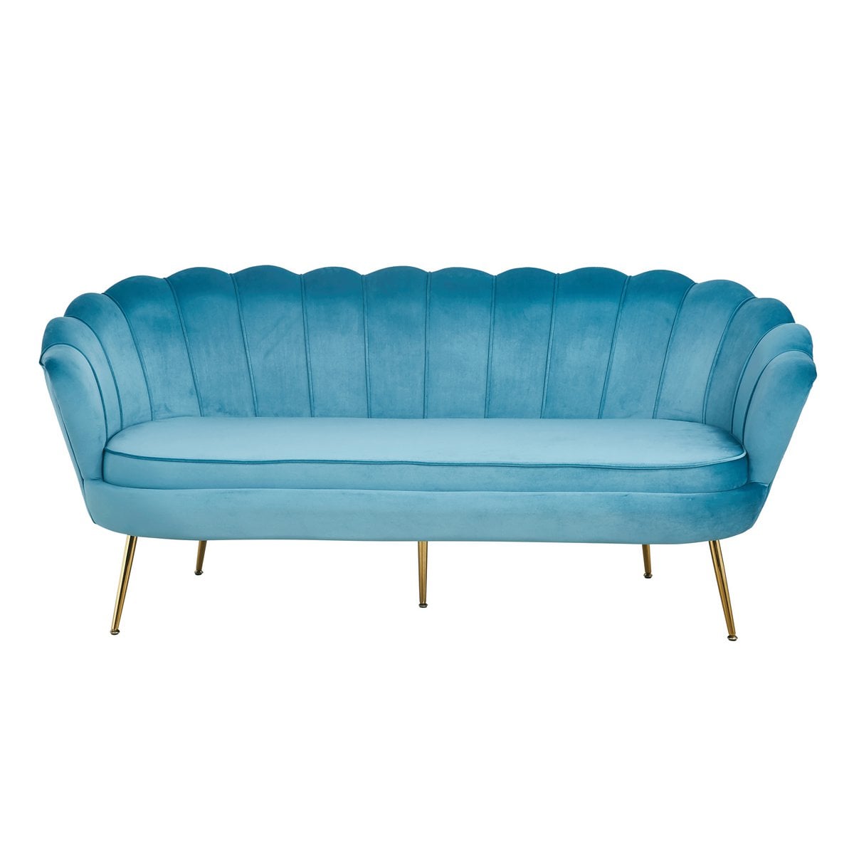 3-Sitzer-Muschelsofa in blauer Samtoptik mit goldfarbenem Metallgestell | VIA X SELECTION