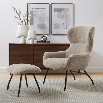 Sessel mit Hocker in Teddyfell-Optik in Taupe | VIA X SELECTION