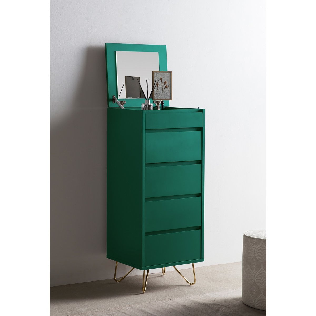 Hochkommode grün mit Spiegelklappe, 40 × 45 × 110 cm | VIA X SELECTION