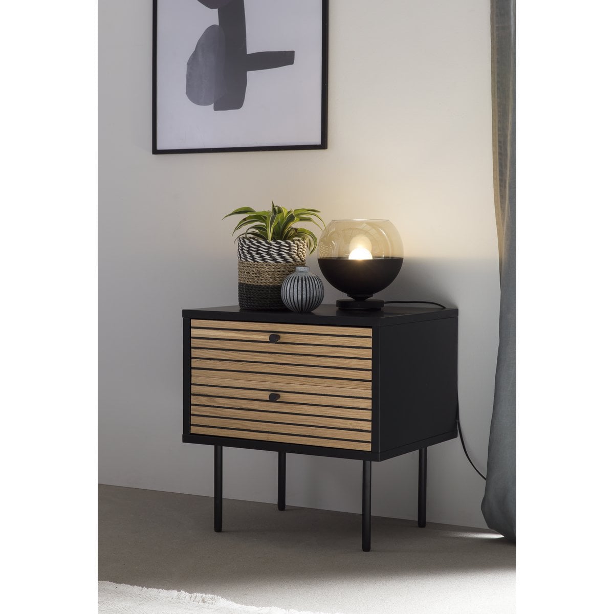 Nachttisch schwarz mit zwei Schubladen, 40 × 50 × 50 cm | VIA X SELECTION