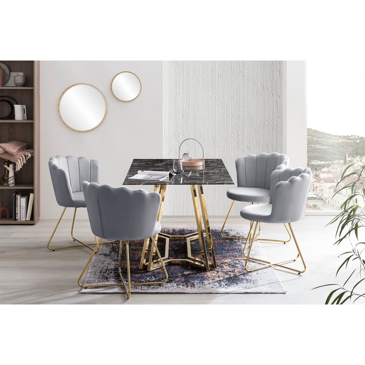 Esstisch mit Glasplatte in Marmoroptik und goldfarbenem Metallgestell, 160 × 90 cm | VIA X SELECTION