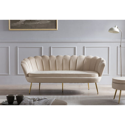 3-Sitzer-Muschelsofa in beigefarbener Samtoptik mit goldfarbenem Metallgestell | VIA X SELECTION