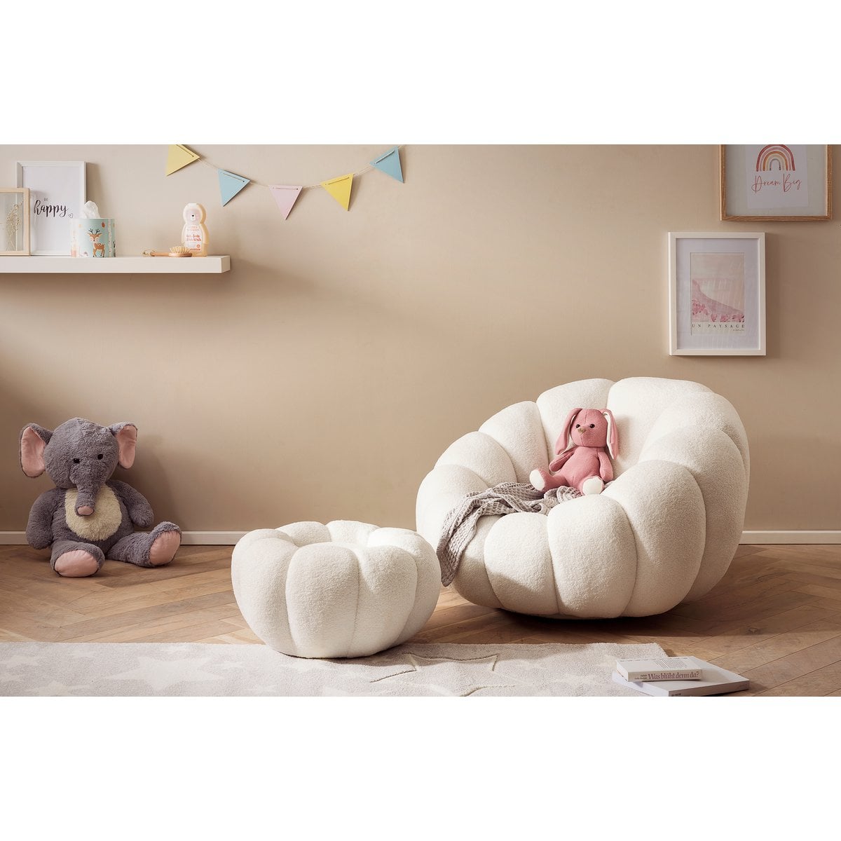 Sessel mit Hocker in Teddyfell-Optik weiß | VIA X SELECTION