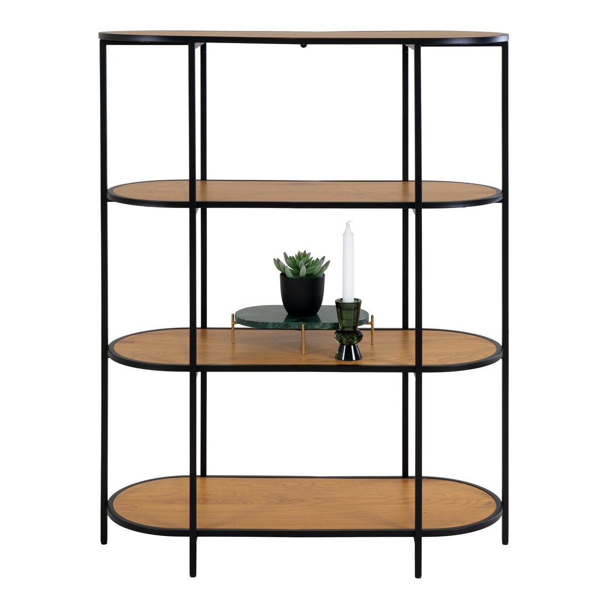 Ovales Regal in Eichenoptik mit schwarzem Stahlgestell, 85 × 36 × 111 cm | VIA X SELECTION
