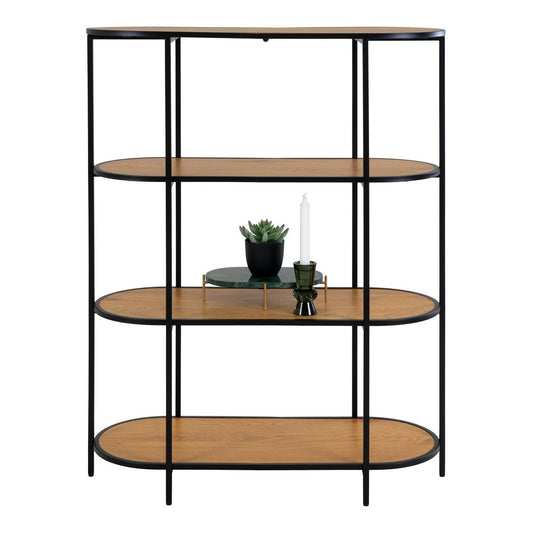 Ovales Regal in Eichenoptik mit schwarzem Stahlgestell, 85 × 36 × 111 cm | VIA X SELECTION