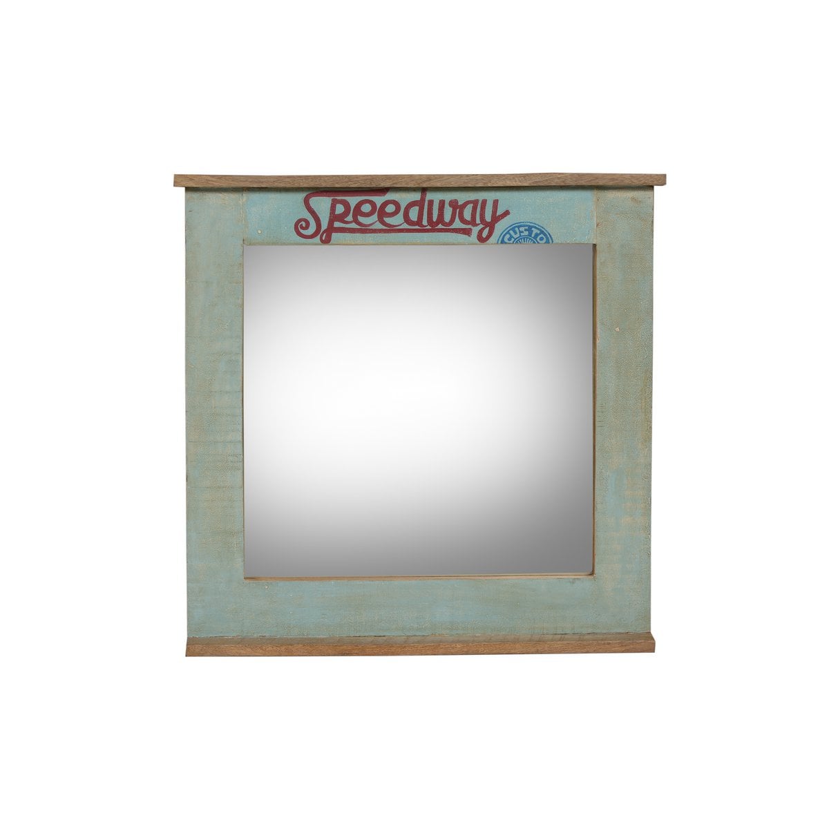 Wandspiegel aus Altholz mit Schriftzugdetails, 68 × 79 cm | VIA X SELECTION