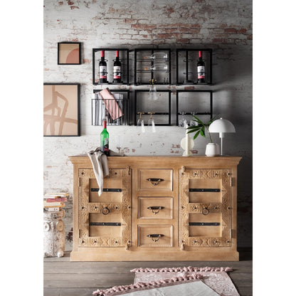 Wand-Weinregal aus schwarzem Metall und Kork für 2 Flaschen und 3 Gläser, 15 × 35 × 35 cm | VIA X SELECTION
