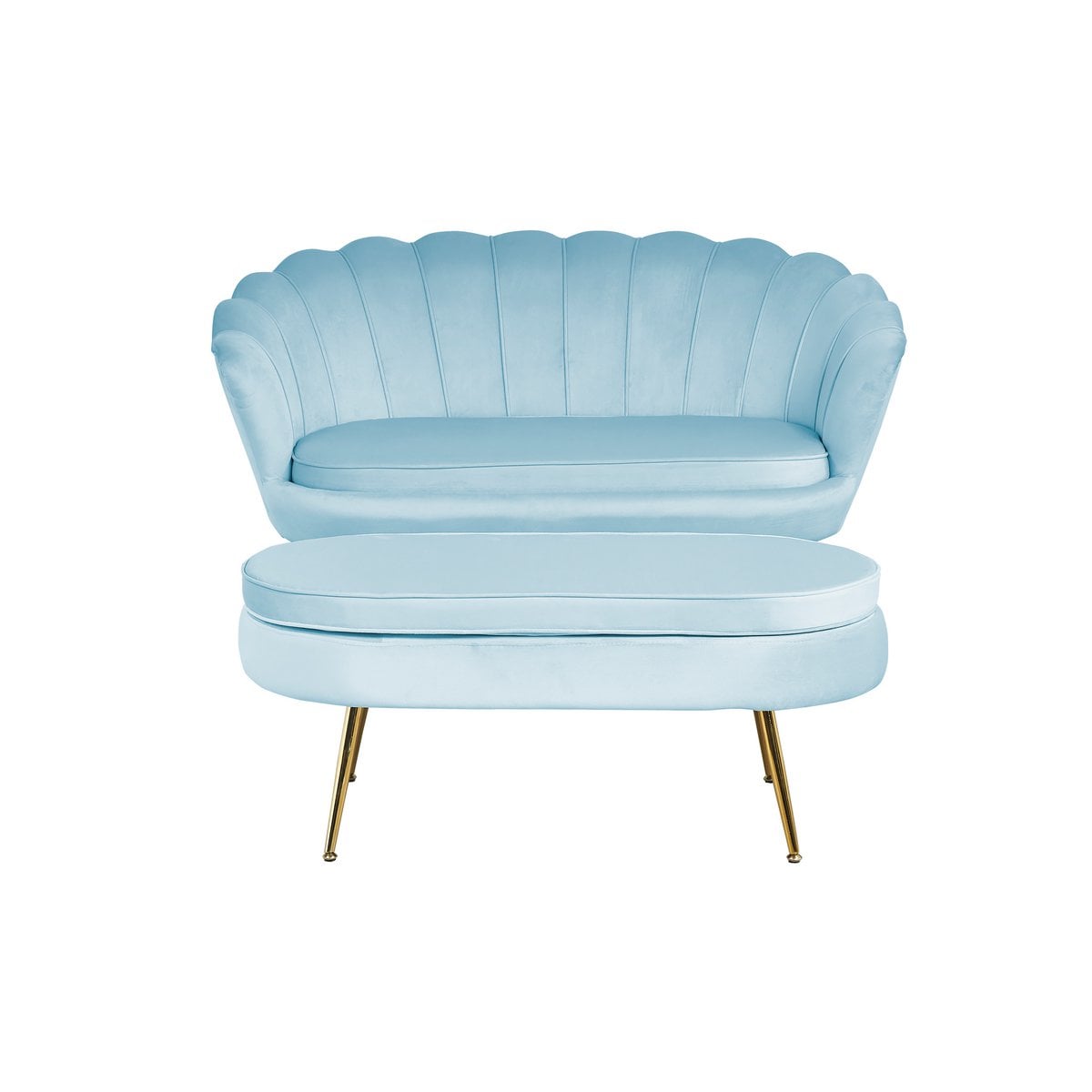 Muschelsofa in hellgrauer Samtoptik mit goldfarbenem Metallgestell | VIA X SELECTION