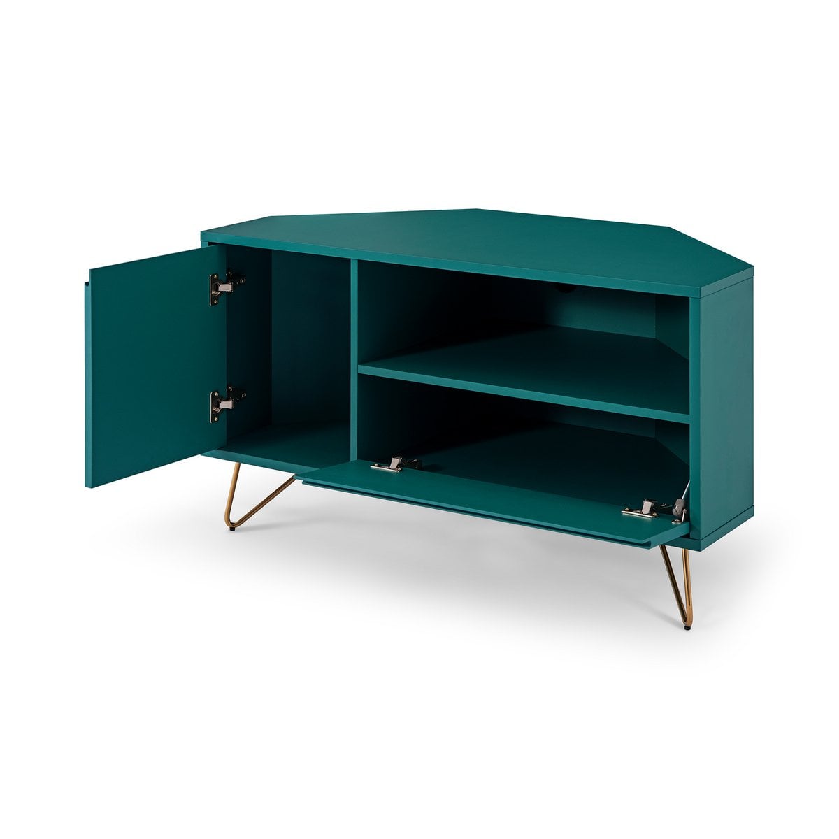 TV-Ecklowboard in Blau mit goldfarbenen Metallbeinen, 100 × 50 × 58 cm | VIA X SELECTION