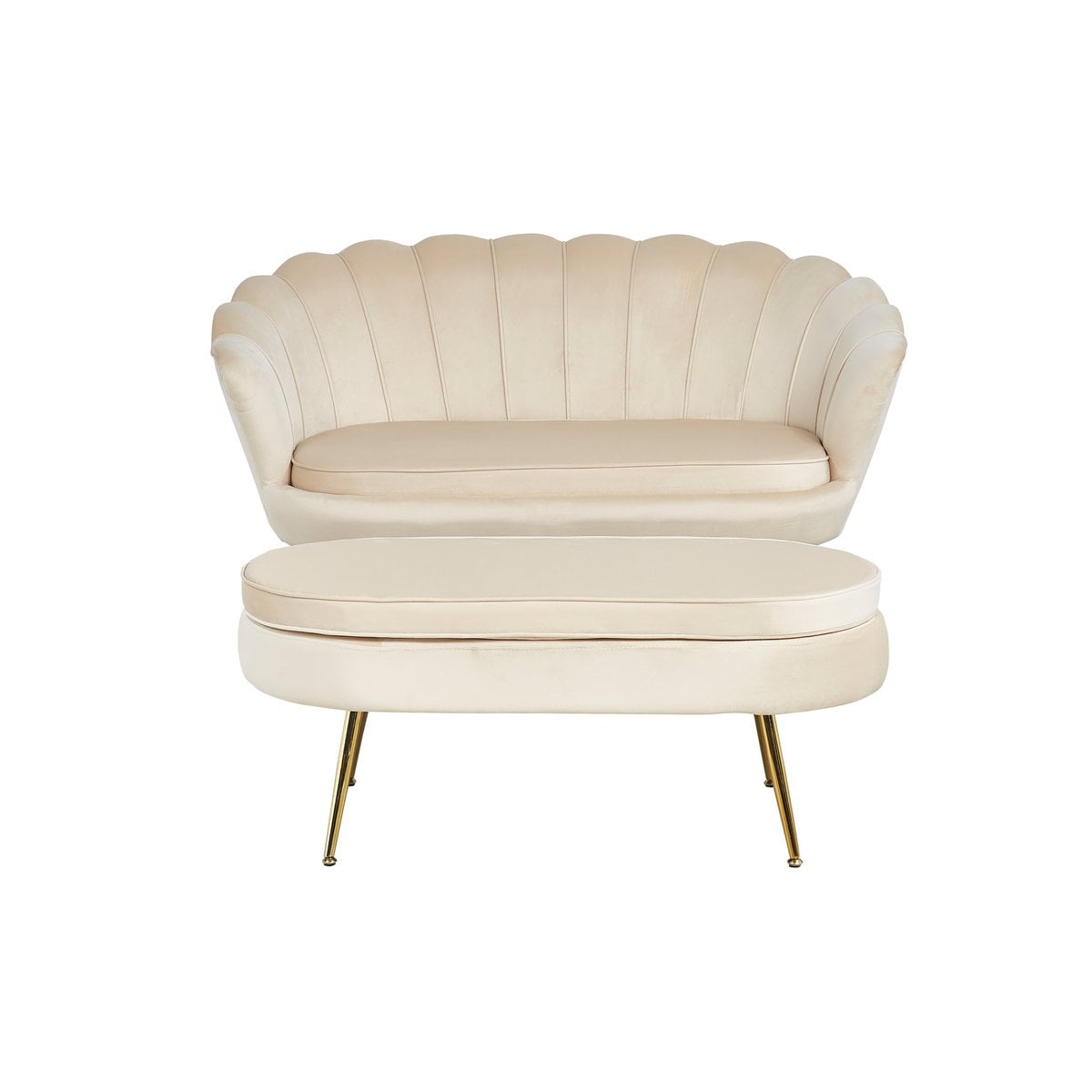 Muschelsofa in beigefarbener Samtoptik mit goldfarbenem Metallgestell | VIA X SELECTION