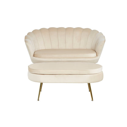 Muschelsofa in beigefarbener Samtoptik mit goldfarbenem Metallgestell | VIA X SELECTION