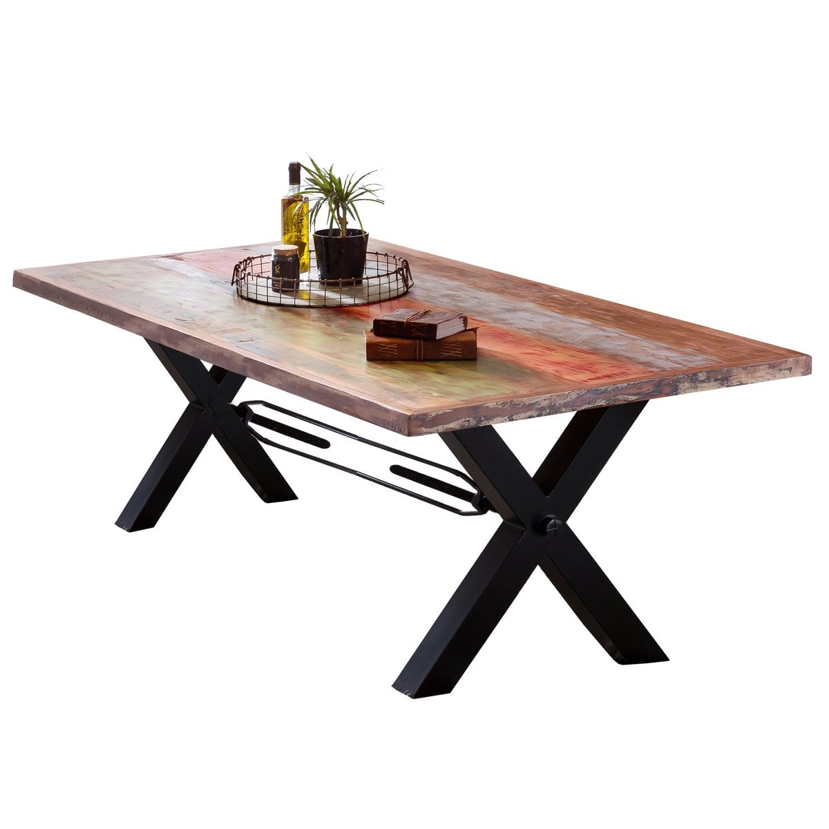 Esstisch Altholz bunt lackiert schwarzes Gestell, 160 × 85 cm | VIA X SELECTION