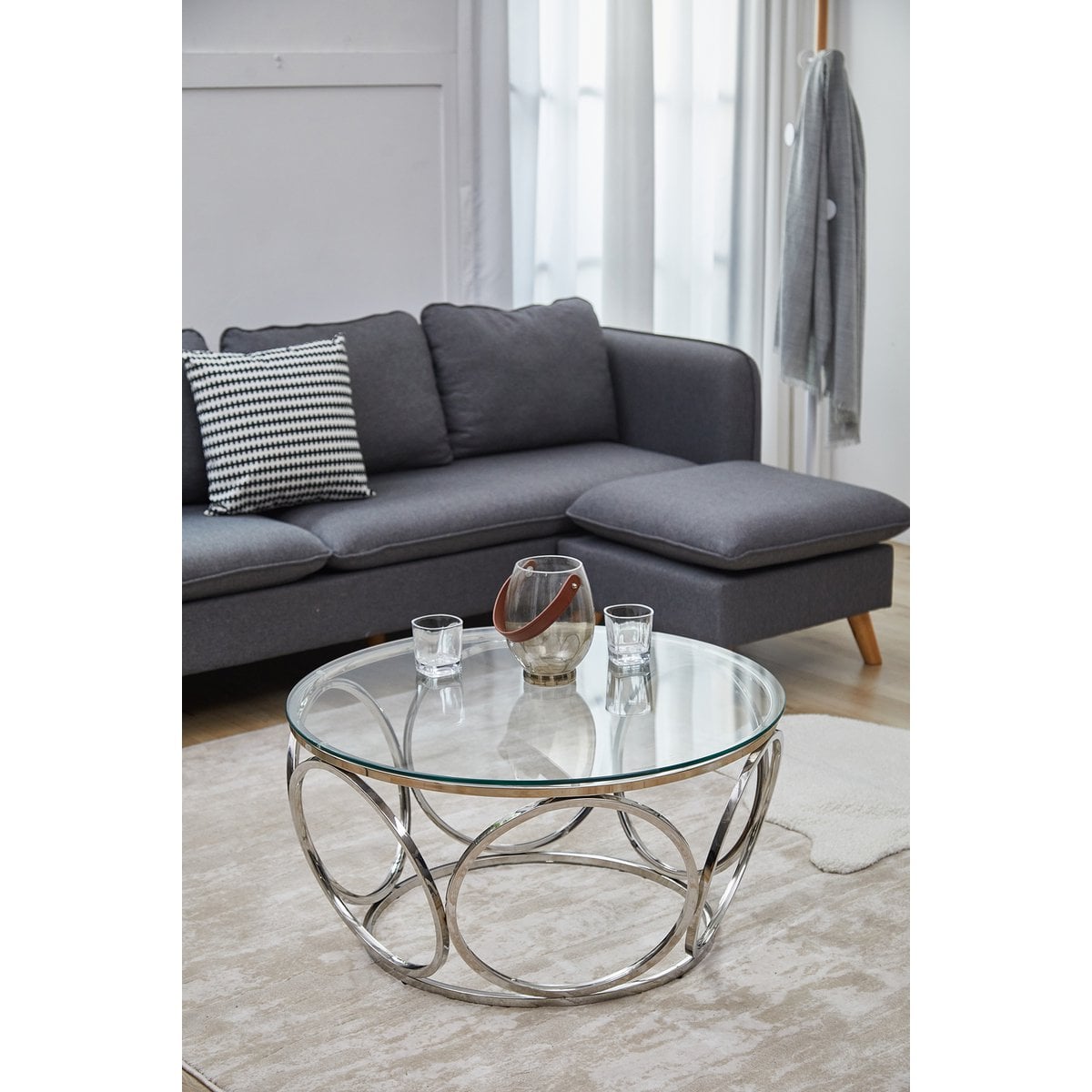 Runder Couchtisch aus Glas und Edelstahl mit Ringgestell, Ø, 80 × 40 cm | VIA X SELECTION