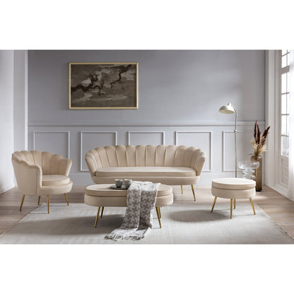 3-Sitzer-Muschelsofa in beigefarbener Samtoptik mit goldfarbenem Metallgestell | VIA X SELECTION