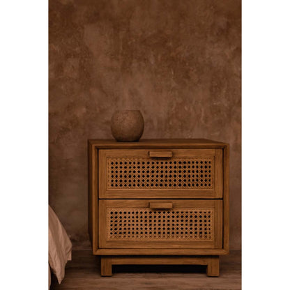 Nachttisch aus Teak und Rattan mit zwei Schubladen, 48 × 51 × 48 cm | VIA X SELECTION