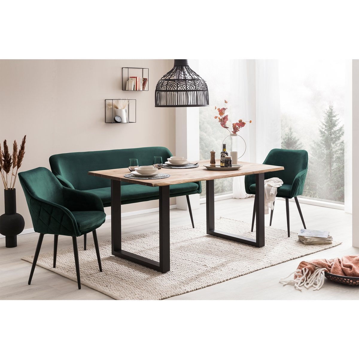 Sitzbank aus Samt dunkelgrün 160 cm mit Rautensteppung | VIA X SELECTION