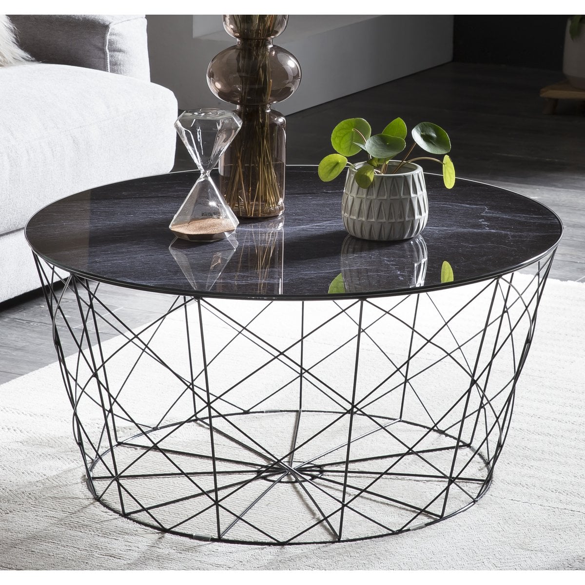 Runder Couchtisch mit Glasplatte in Marmoroptik und Korbgestell, Ø, 80 × 45 cm | VIA X SELECTION