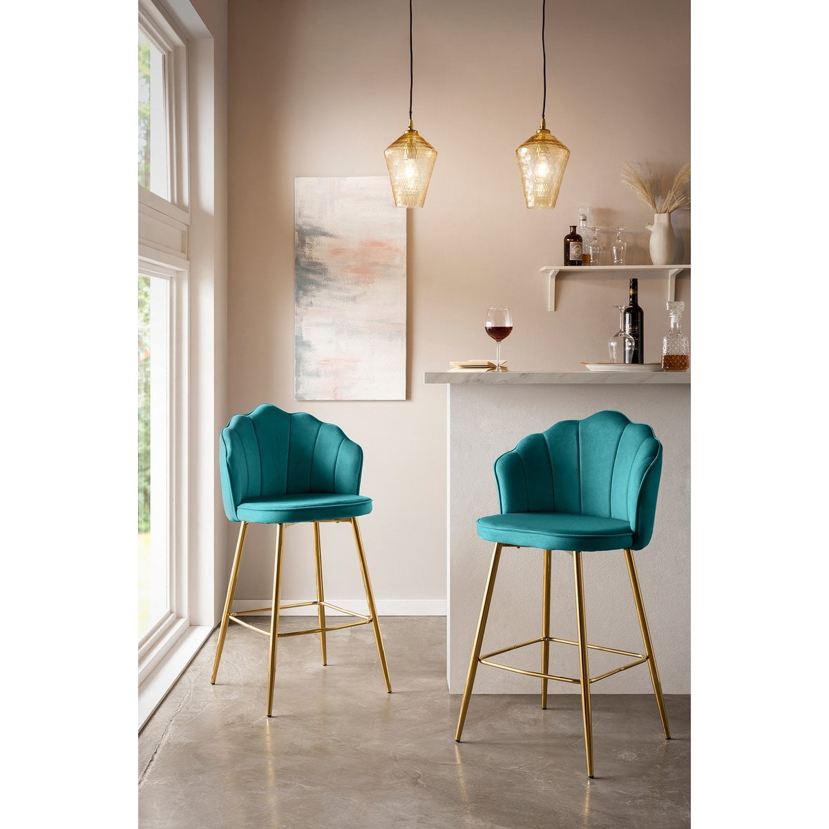 Barhocker im Muscheldesign aus Samt grün im 2er-Set | VIA X SELECTION