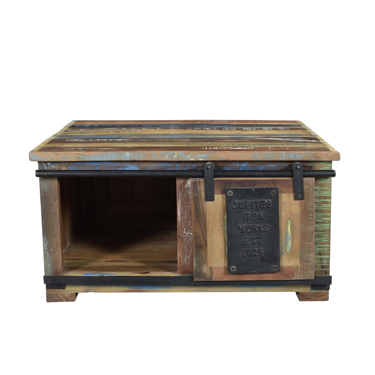 Couchtisch-Truhe aus recyceltem Holz und Metall, 80 × 80 × 40 cm | VIA X SELECTION