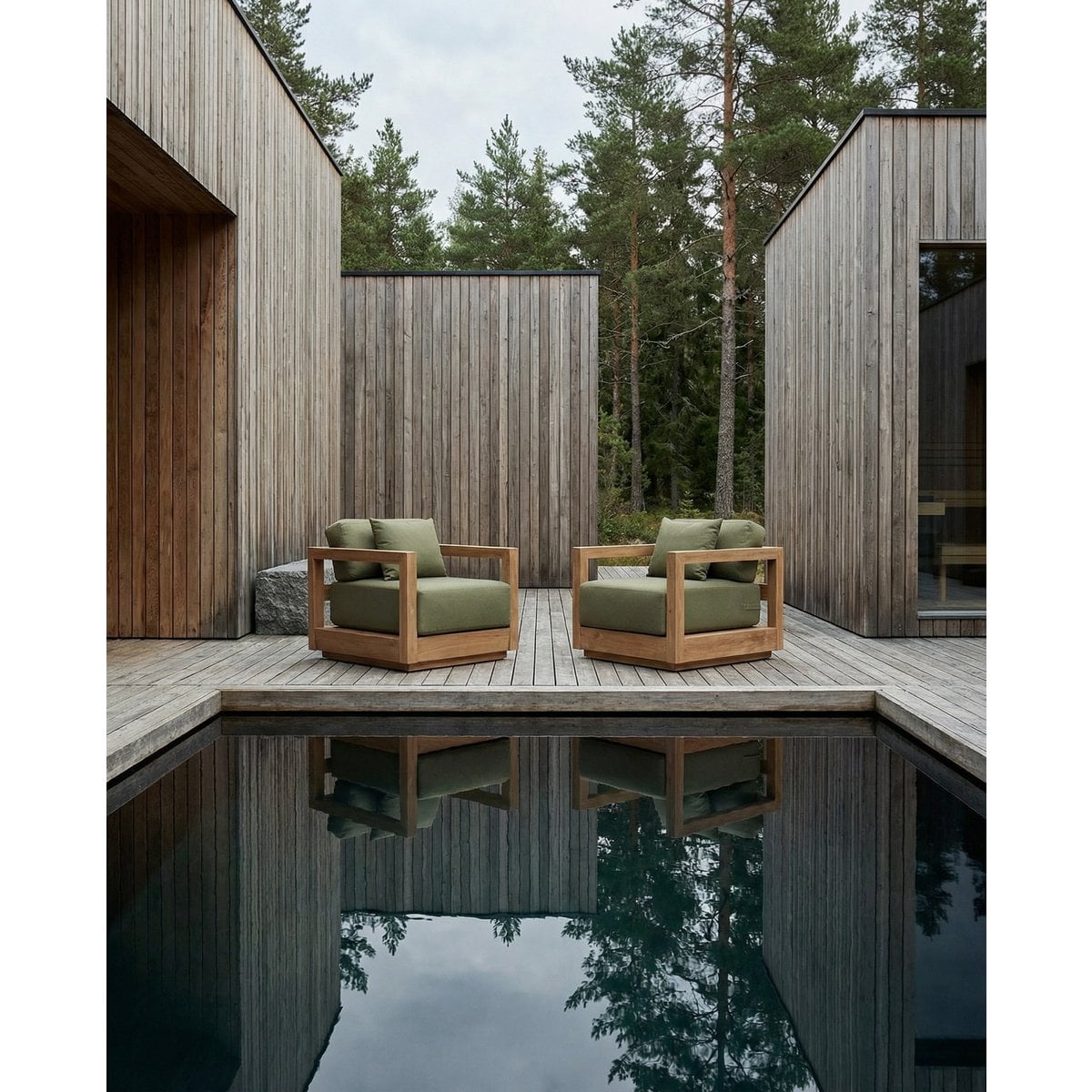 Outdoor-Loungesessel aus recyceltem Teakholz mit Quick-Dry-Polstern in Algengrün | VIA X SELECTION