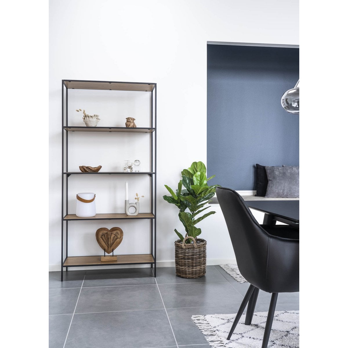 Breites Regal mit 5 Ablagen eichenfarben-schwarz, 80 × 36 × 170 cm | VIA X SELECTION