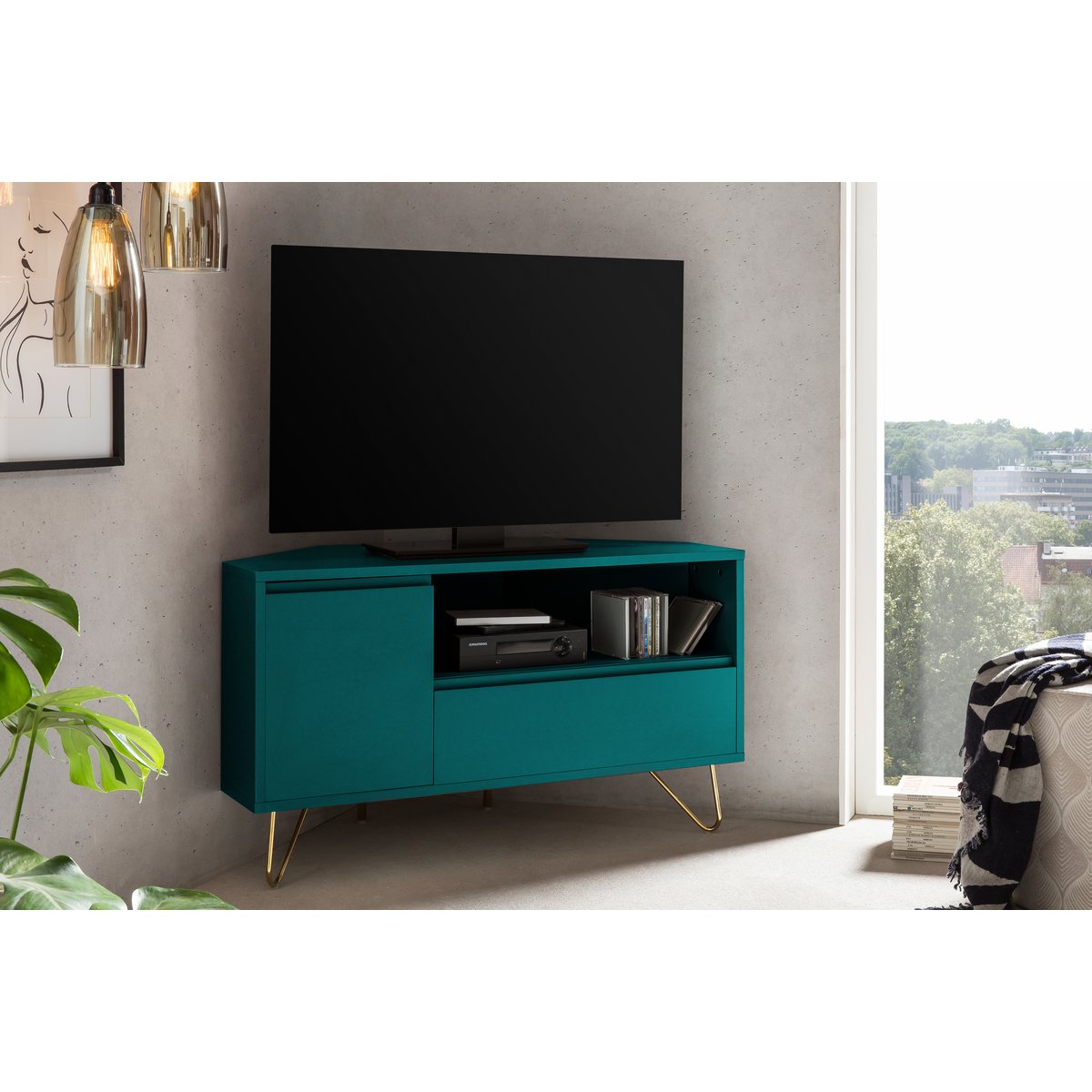 TV-Ecklowboard in Blau mit goldfarbenen Metallbeinen, 100 × 50 × 58 cm | VIA X SELECTION