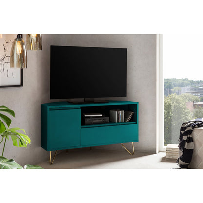 TV-Ecklowboard in Blau mit goldfarbenen Metallbeinen, 100 × 50 × 58 cm | VIA X SELECTION