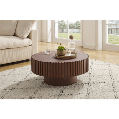 Runder Couchtisch aus Walnussfurnier mit Lamellendetail, Ø, 80 × 34 cm | VIA X SELECTION