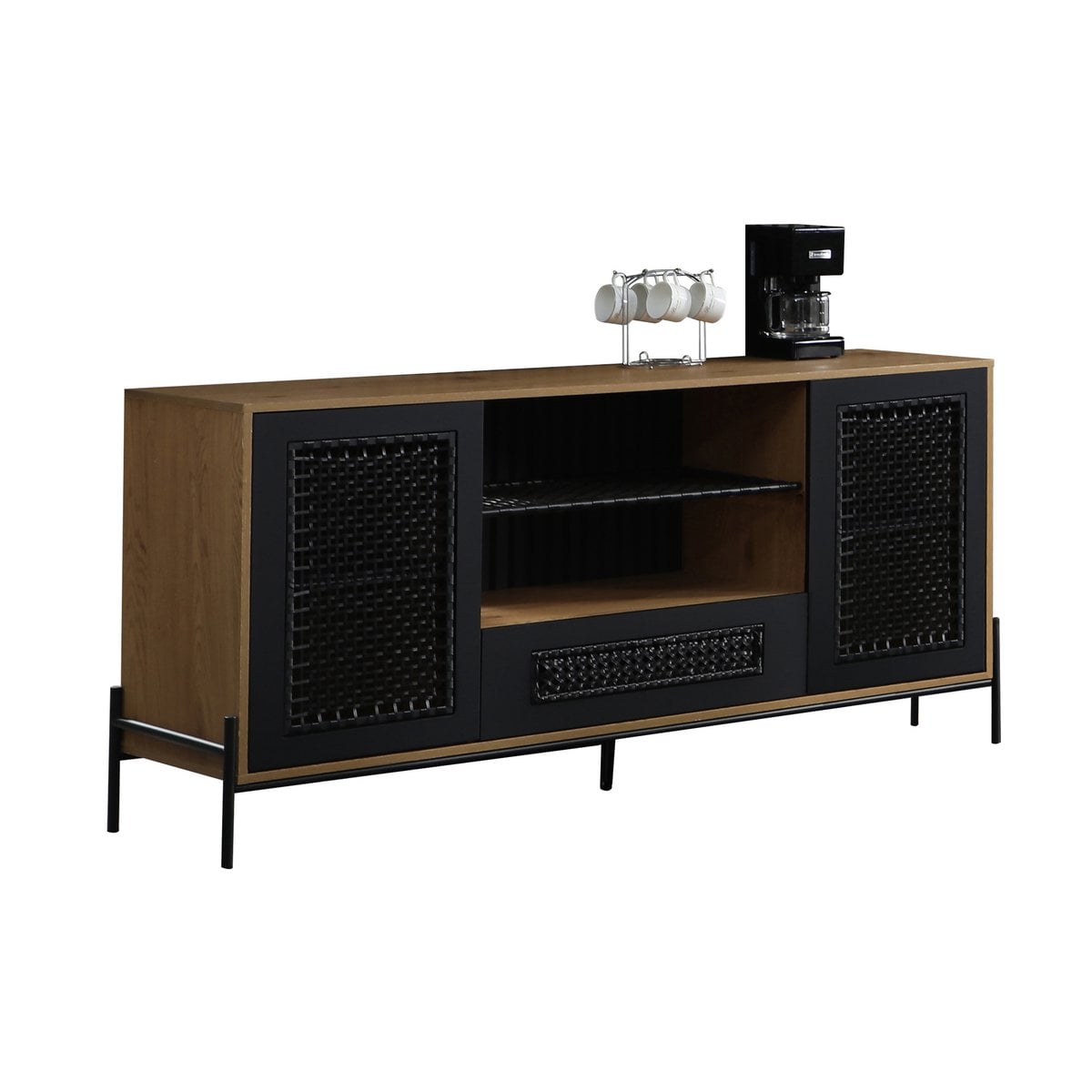 Sideboard natur/schwarz mit Polyrattanfront, 43 × 164 × 76 cm | VIA X SELECTION