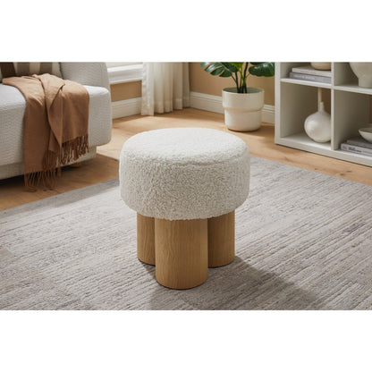 Teddy-Pouf mit Holzsockel Naturweiß | VIA X SELECTION