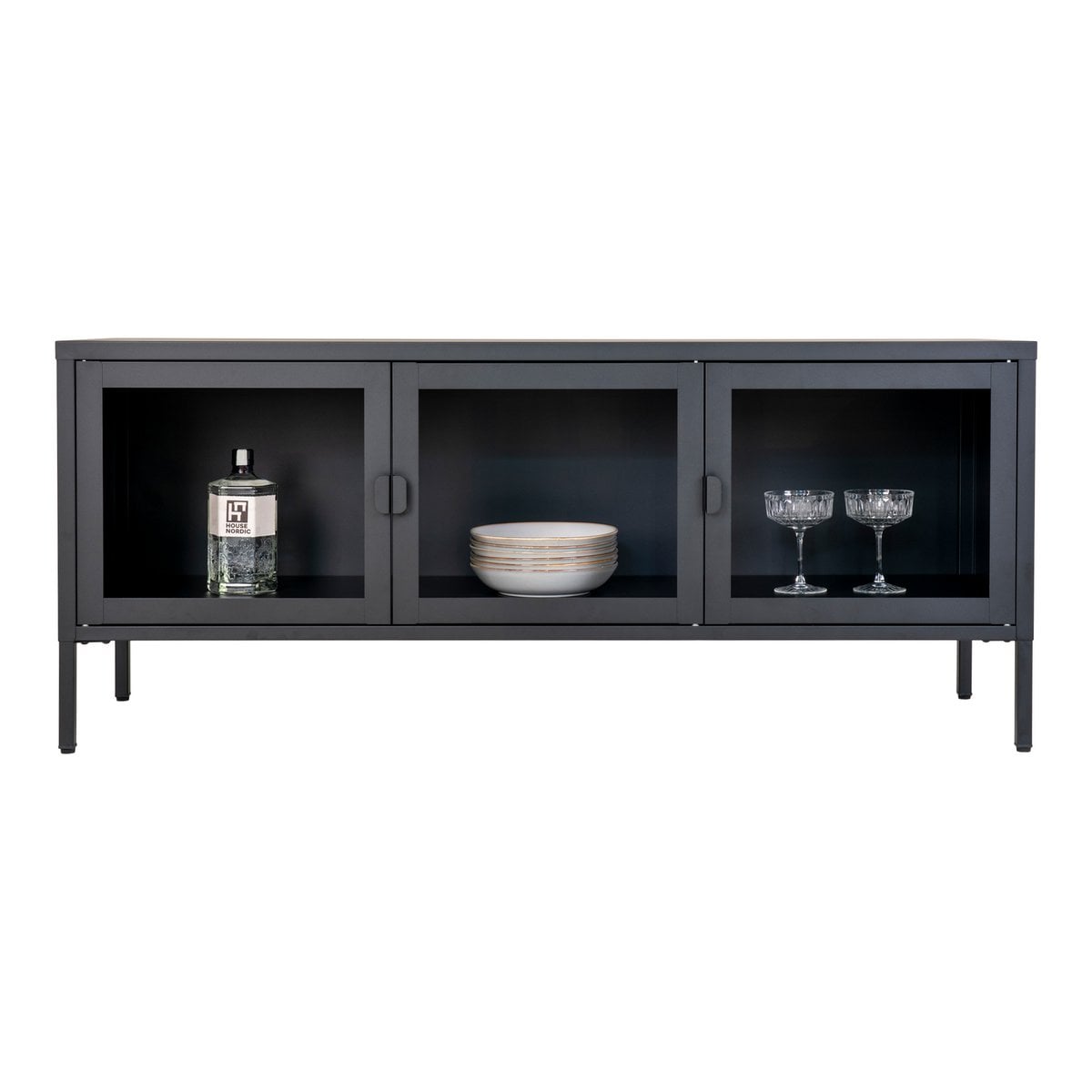 TV-Lowboard aus schwarzem Stahl mit 3 Glastüren, 130 × 40 × 55 cm | VIA X SELECTION