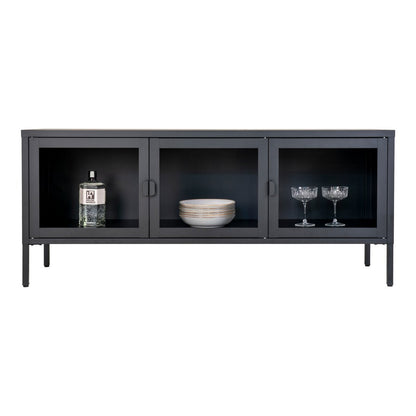 TV-Lowboard aus schwarzem Stahl mit 3 Glastüren, 130 × 40 × 55 cm | VIA X SELECTION