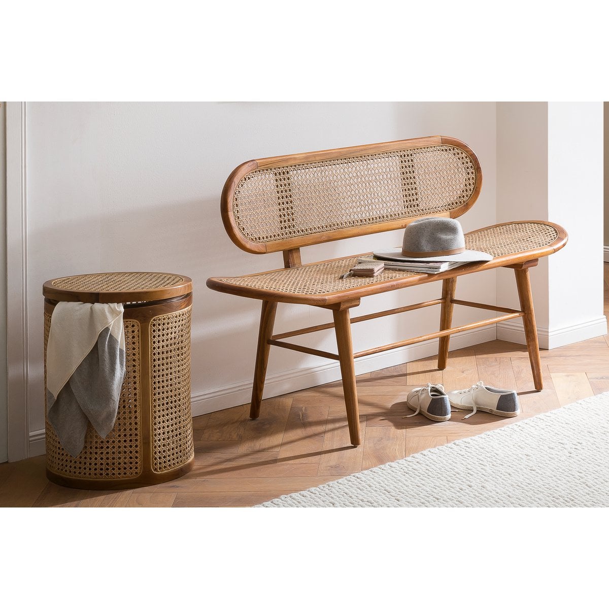Sitzbank aus Rattan natur 141 cm mit Teakgestell | VIA X SELECTION